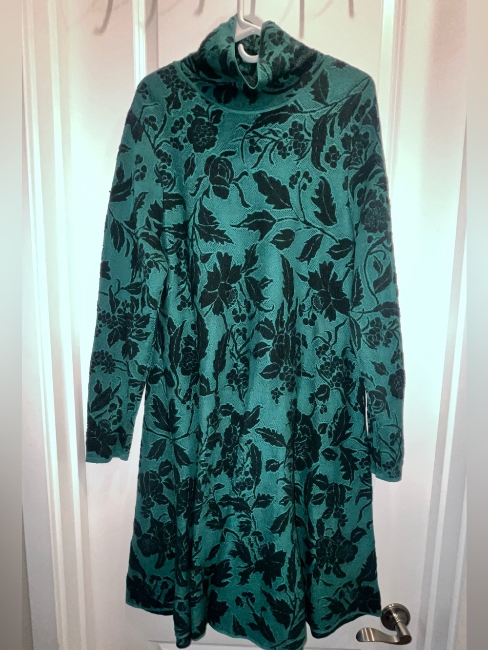 Peruvian Connection Teal and Black Pina Cotton Floral sweater dress